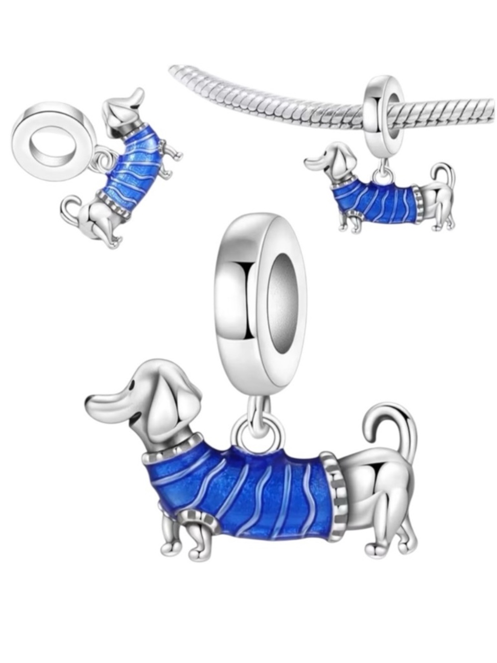 NWT 925 Sterling Silver Dachshund Charm Blue Enamel Dog Bead for Bracelet - Picture 3 of 5